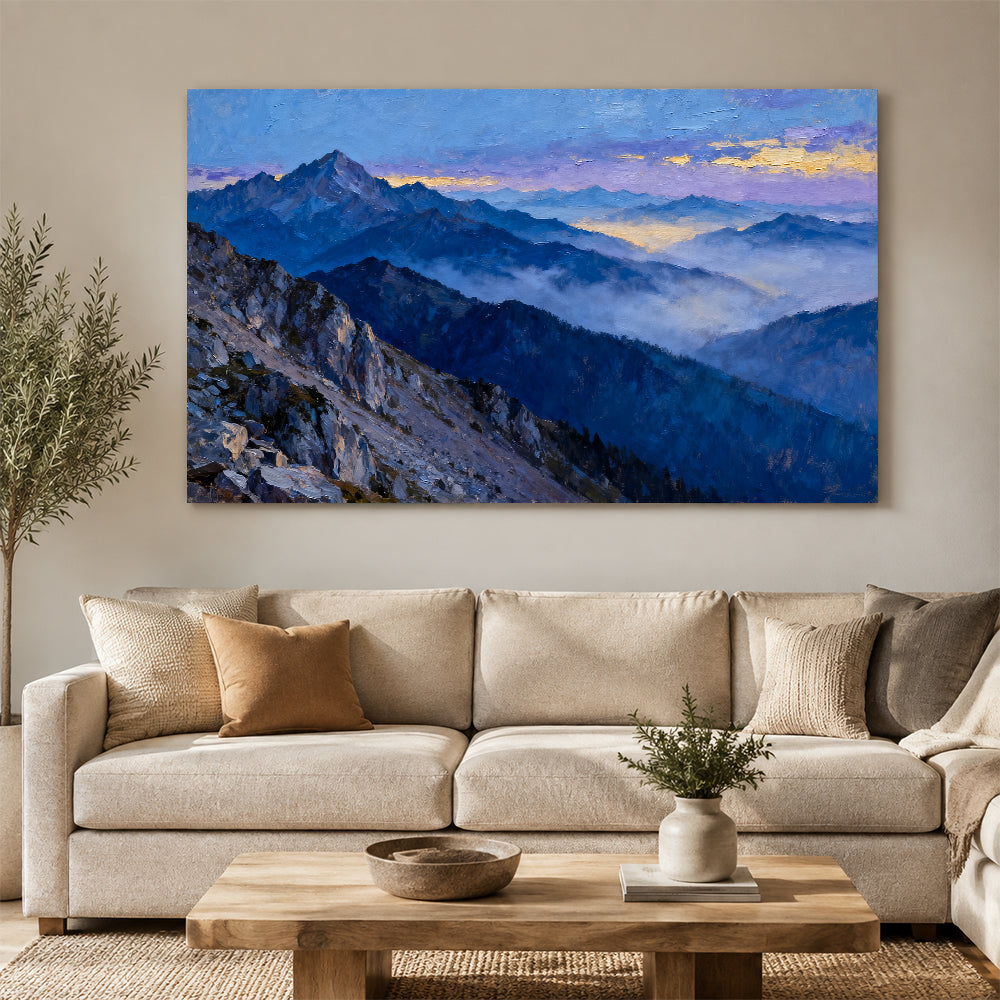 Twilight Blue Ranges canvas wall art, living room mockup above a sofa.