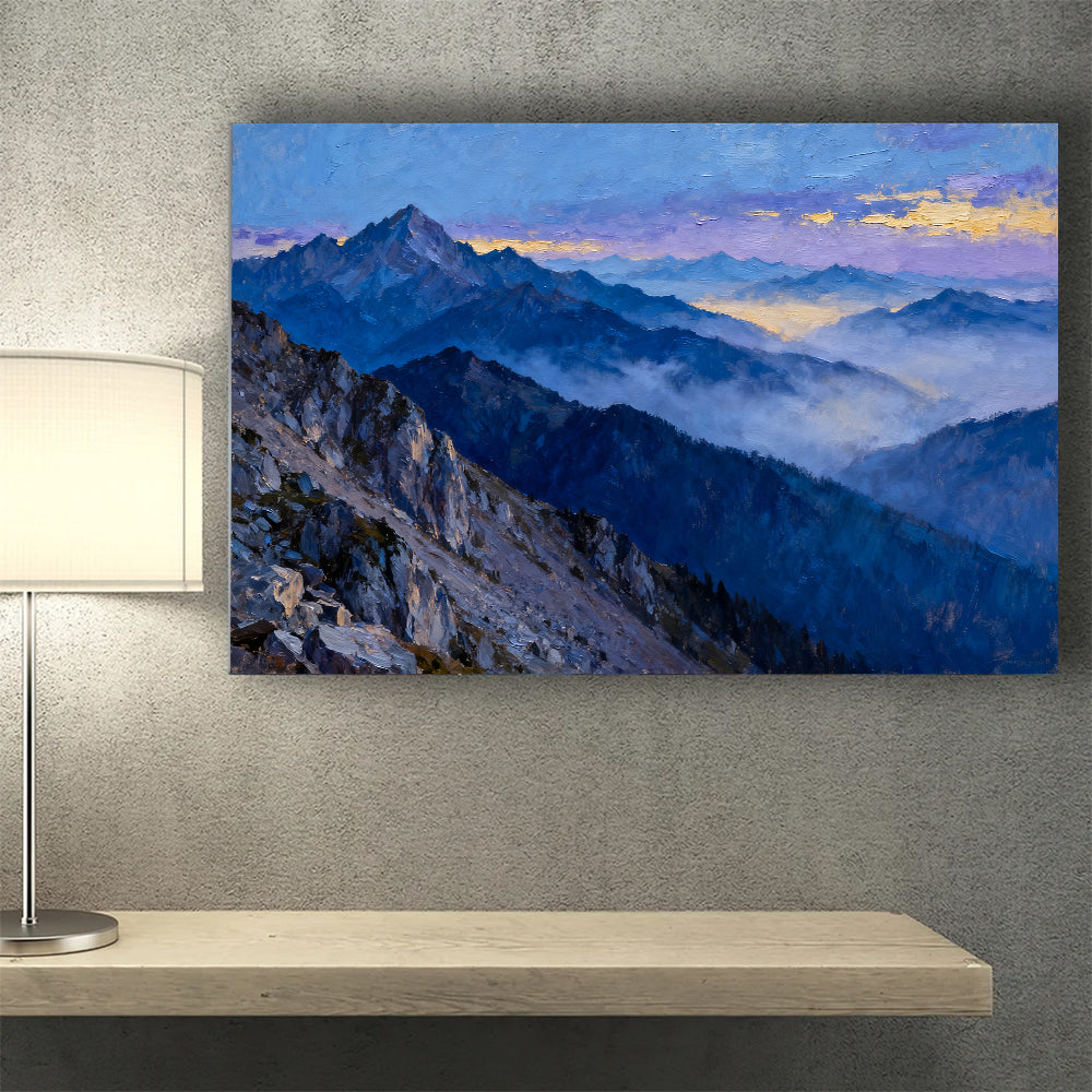 Twilight Blue Ranges canvas wall art, wall mockup above a console.