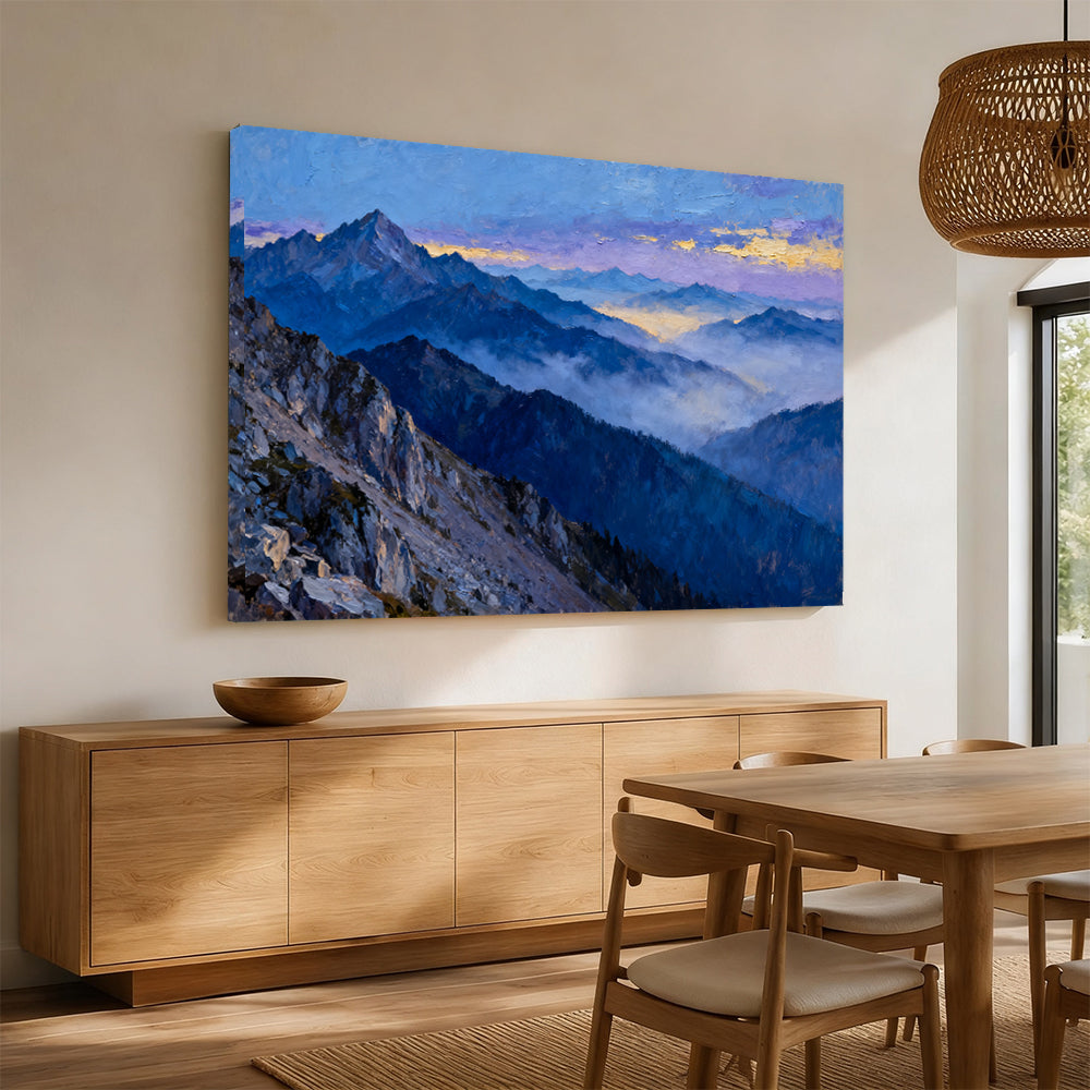 Twilight Blue Ranges canvas wall art, angled mockup above a sideboard.