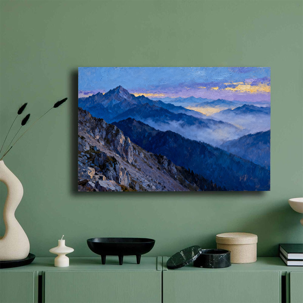 Twilight Blue Ranges canvas wall art, mockup on a green wall.