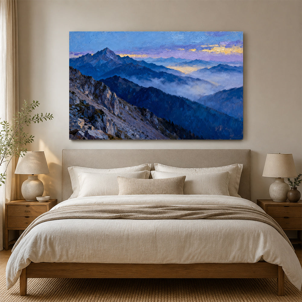 Twilight Blue Ranges canvas wall art, bedroom mockup above a bed.