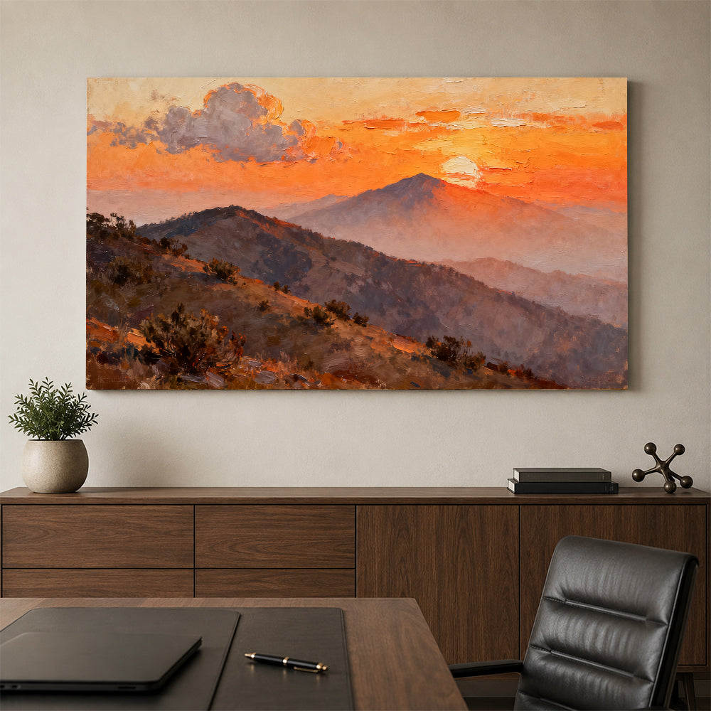 Amber Mountain Dusk canvas wall art, office mockup above a desk.