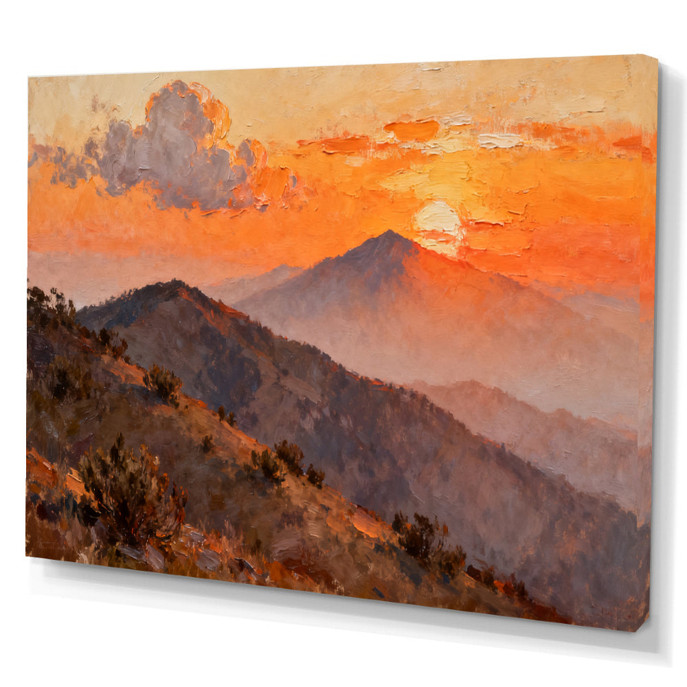 Amber Mountain Dusk canvas wall art, angled canvas mockup on a white background.