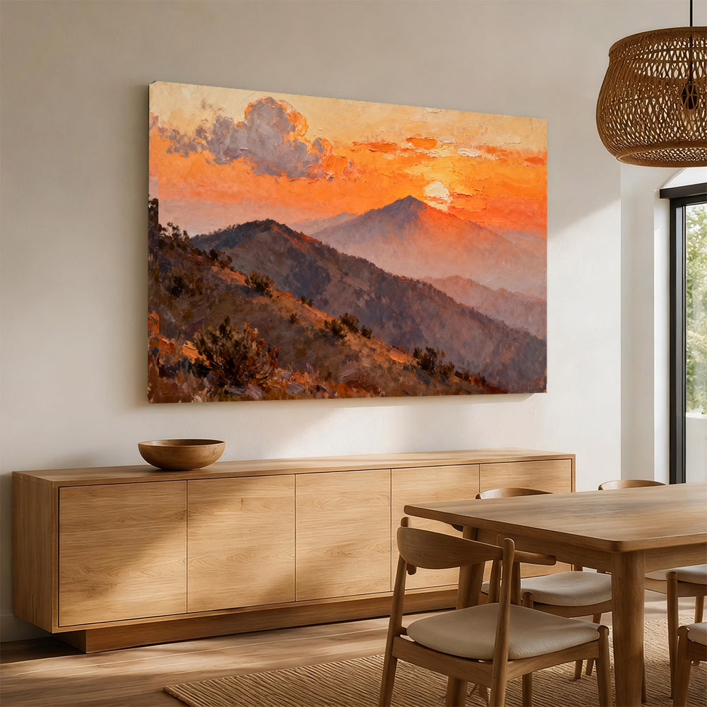Amber Mountain Dusk canvas wall art, angled mockup above a sideboard.