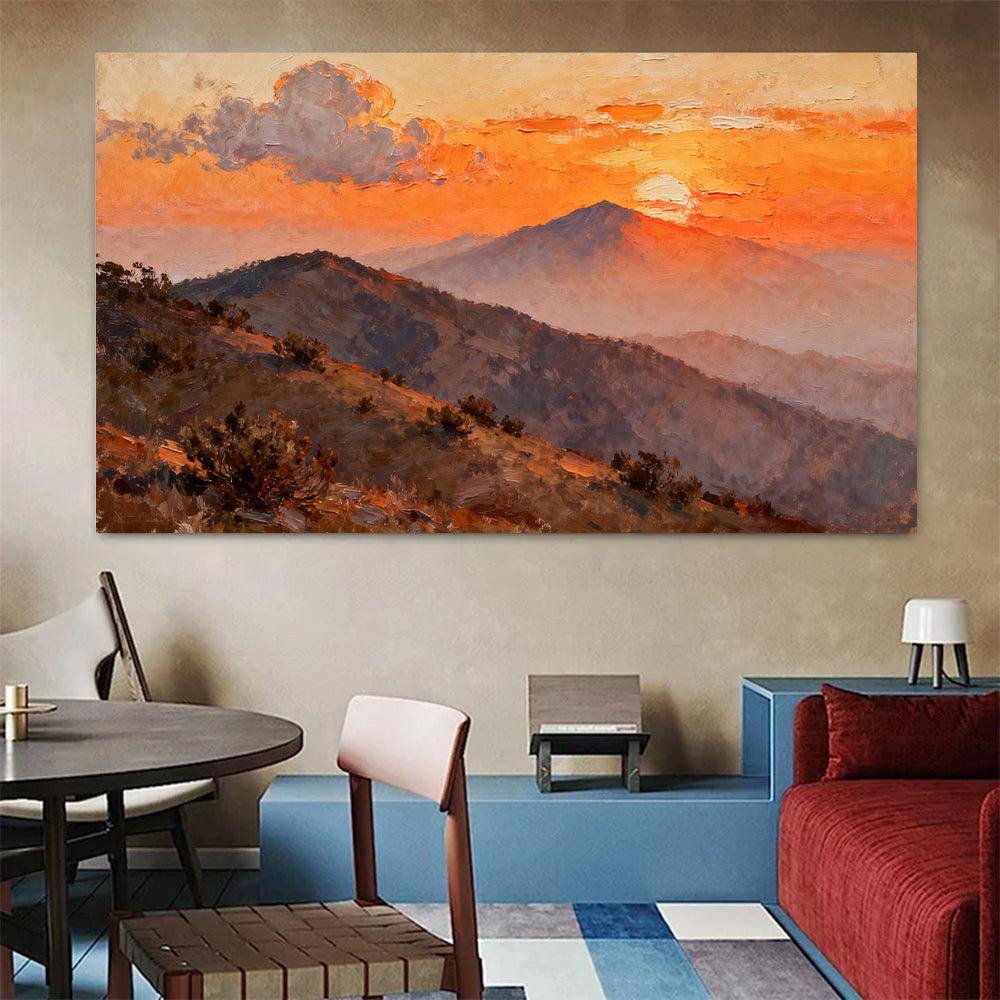 Amber Mountain Dusk canvas wall art, colorful room mockup.