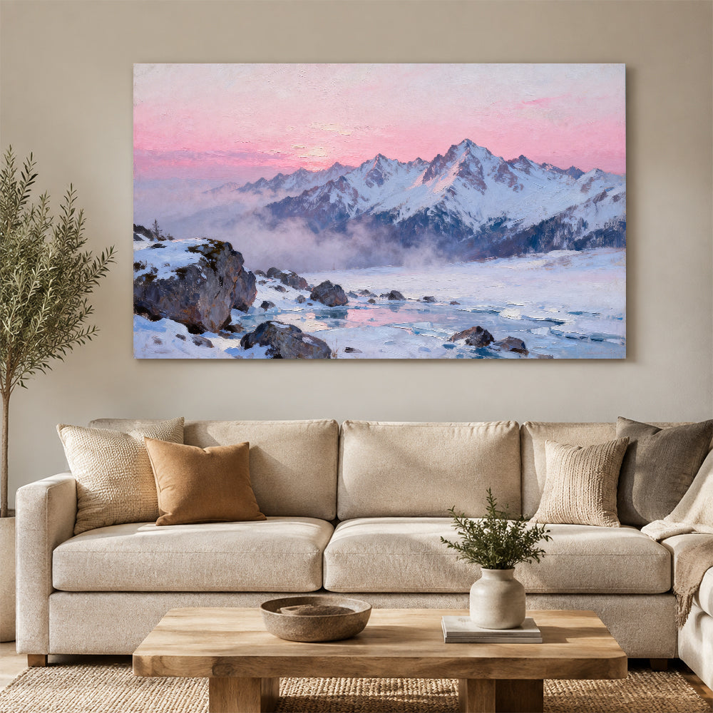Rose Dawn Snowfield canvas wall art, living room mockup above a sofa.