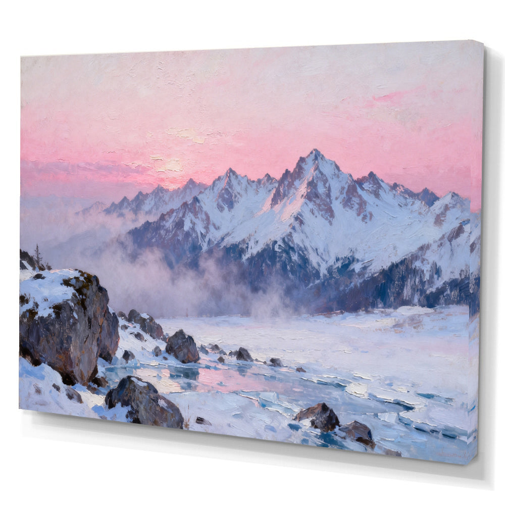 Rose Dawn Snowfield canvas wall art, angled canvas mockup on a white background.