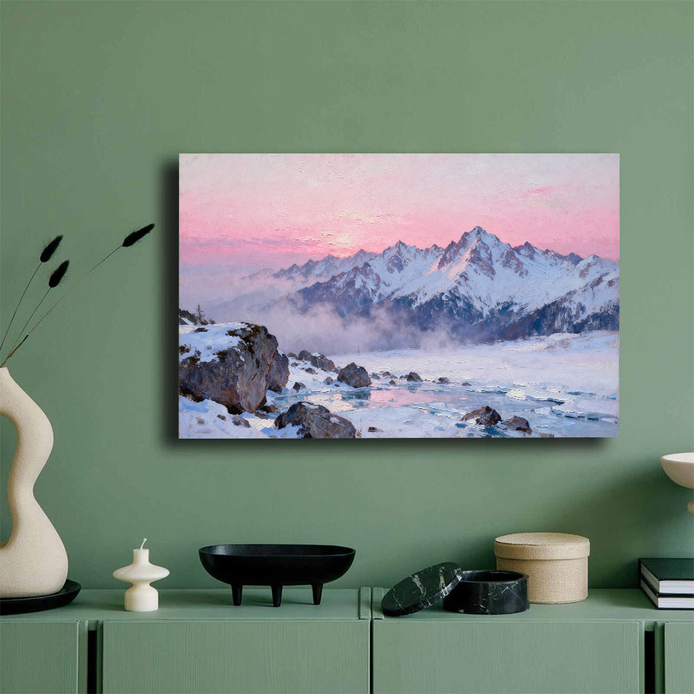 Rose Dawn Snowfield canvas wall art, mockup on a green wall.