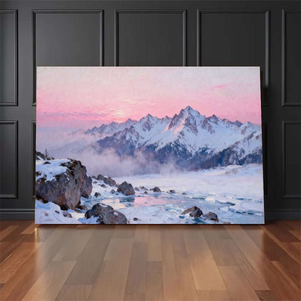 Rose Dawn Snowfield canvas wall art, floor display against a dark wall.