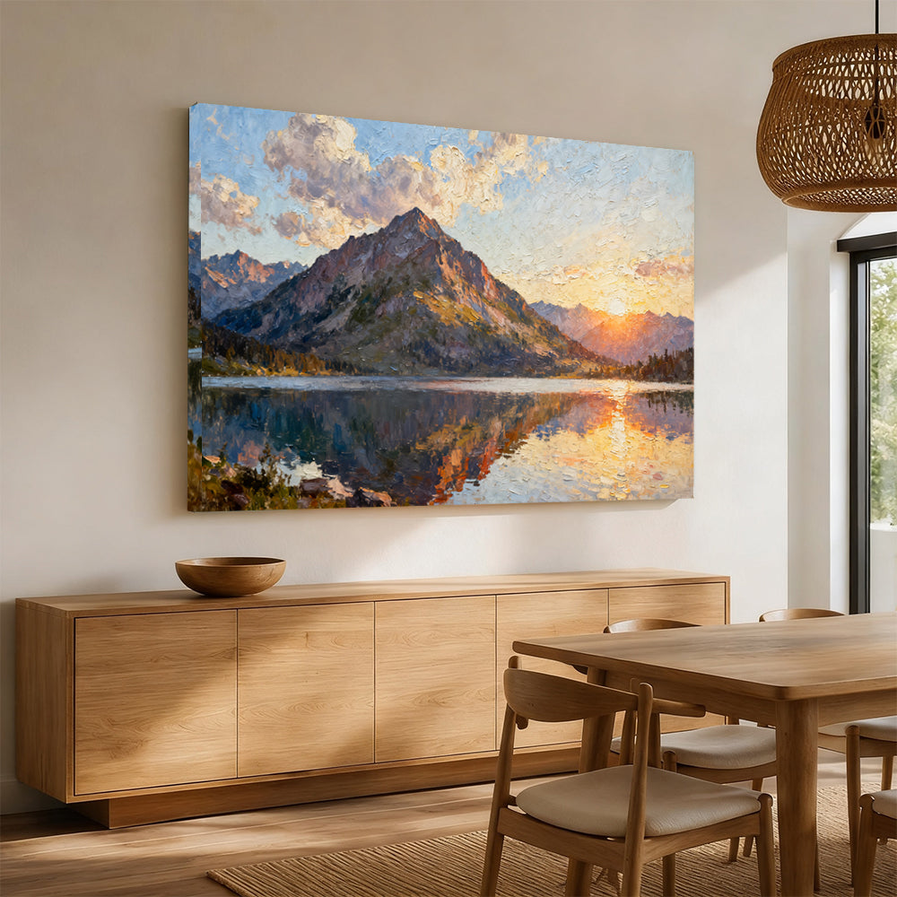 Still Mountain Lake canvas wall art, angled mockup above a sideboard.