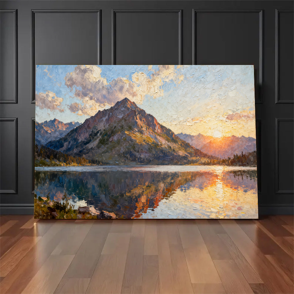 Still Mountain Lake canvas wall art, floor display against a dark wall.