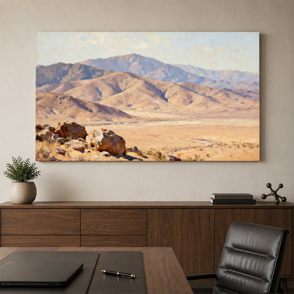 Desert Mountain Basin canvas wall art, office mockup above a desk.