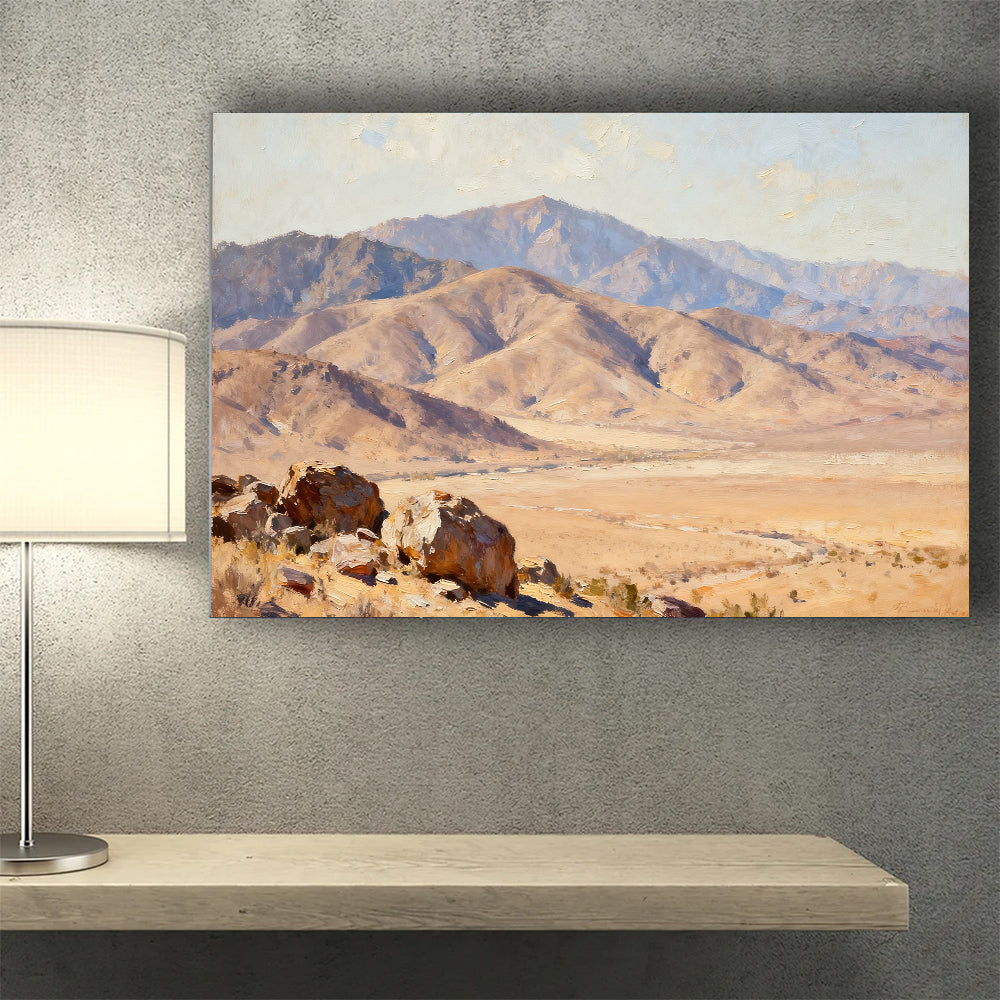 Desert Mountain Basin canvas wall art, wall mockup above a console.
