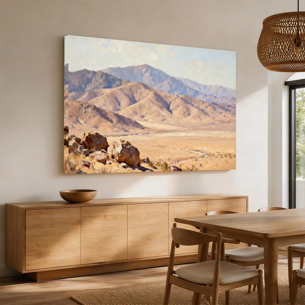 Desert Mountain Basin canvas wall art, angled mockup above a sideboard.