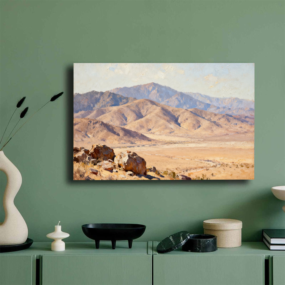 Desert Mountain Basin canvas wall art, mockup on a green wall.