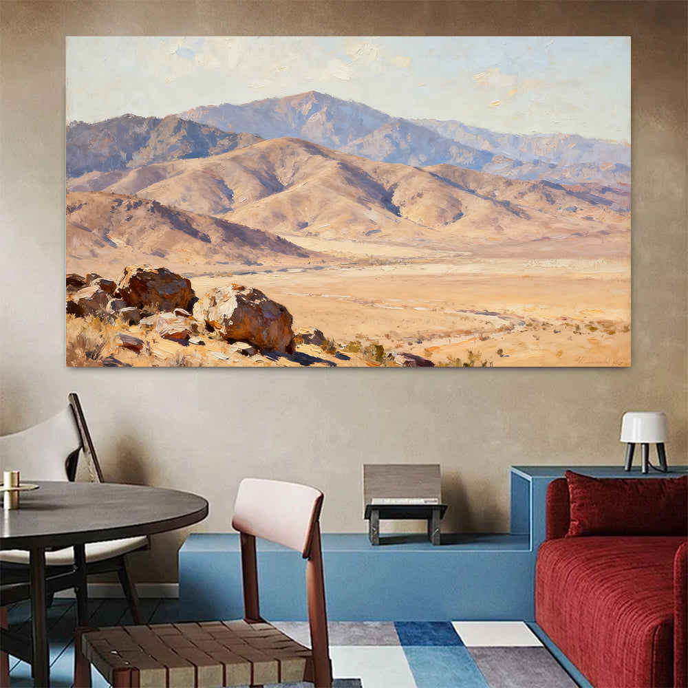 Desert Mountain Basin canvas wall art, colorful room mockup.
