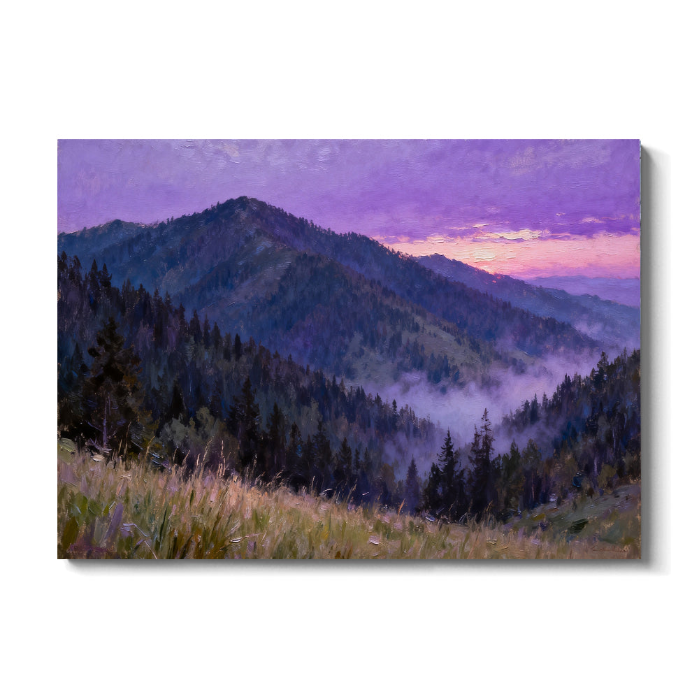 Violet Forest Mountain canvas wall art, front view on a white background.