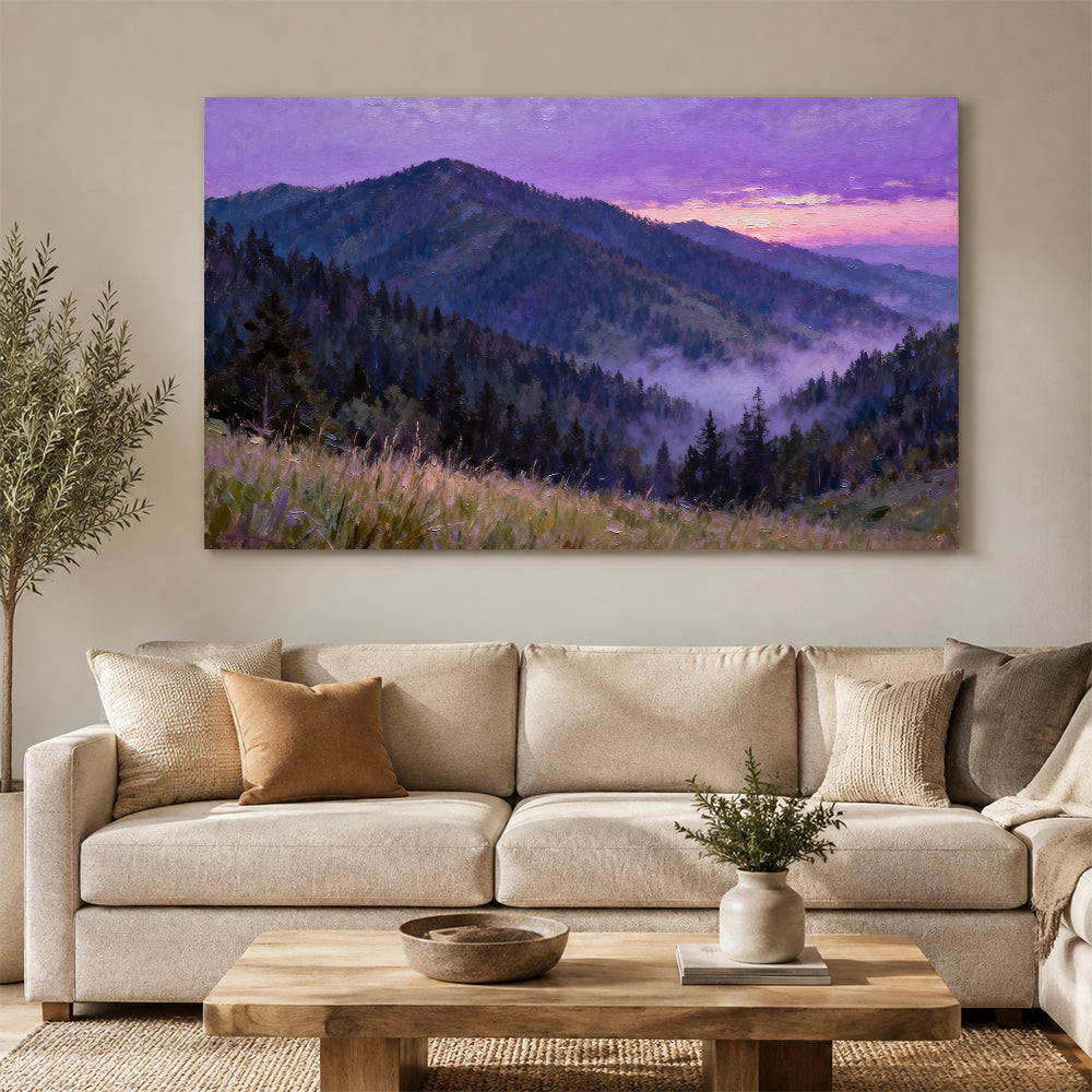 Violet Forest Mountain canvas wall art, living room mockup above a sofa.