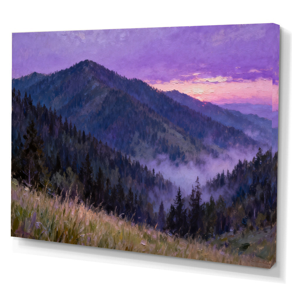 Violet Forest Mountain canvas wall art, angled canvas mockup on a white background.