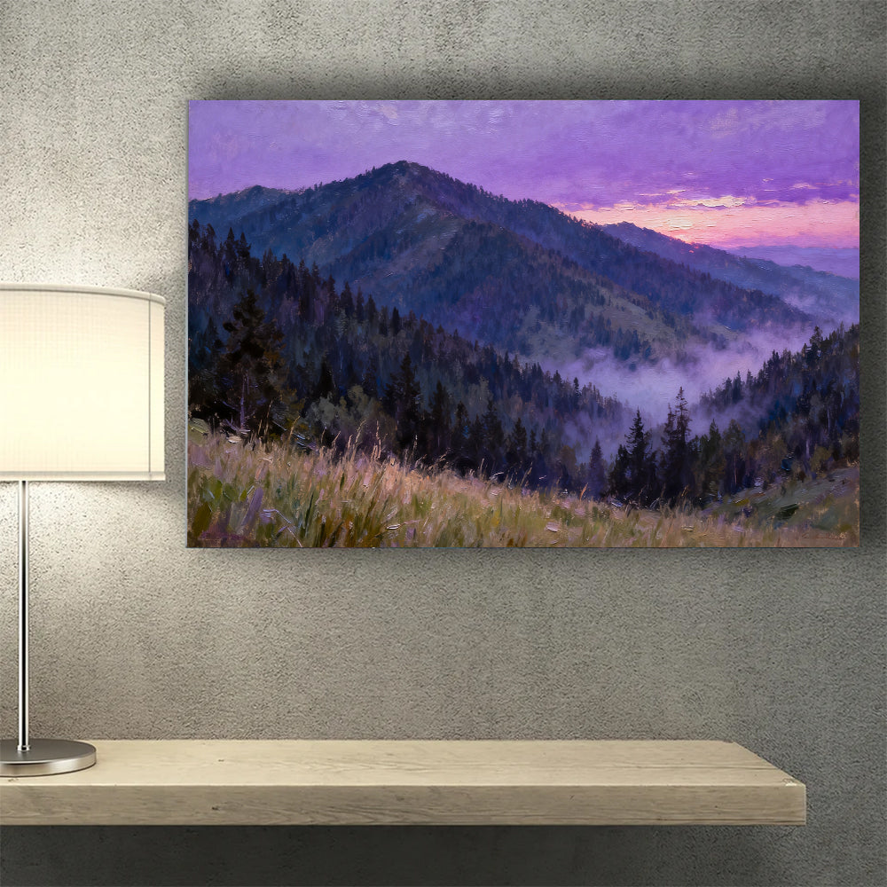 Violet Forest Mountain canvas wall art, wall mockup above a console.