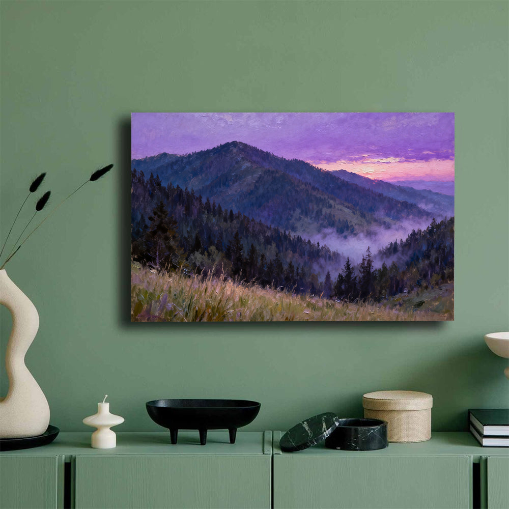 Violet Forest Mountain canvas wall art, mockup on a green wall.