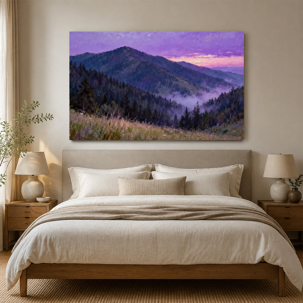 Violet Forest Mountain canvas wall art, bedroom mockup above a bed.