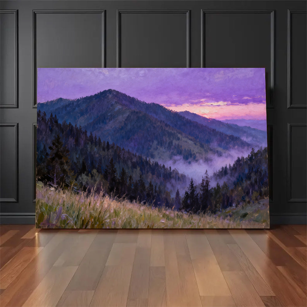 Violet Forest Mountain canvas wall art, floor display against a dark wall.