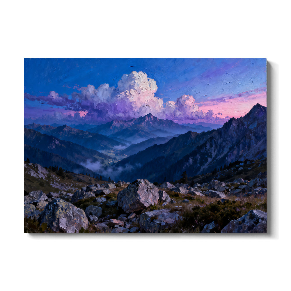 Clouds over Blue Peaks canvas wall art, front view on a white background.