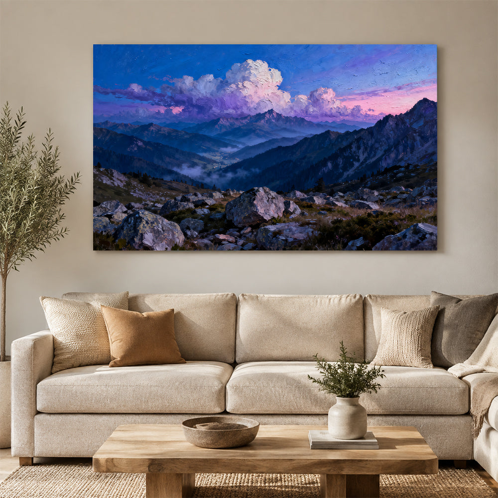 Clouds over Blue Peaks canvas wall art, living room mockup above a sofa.