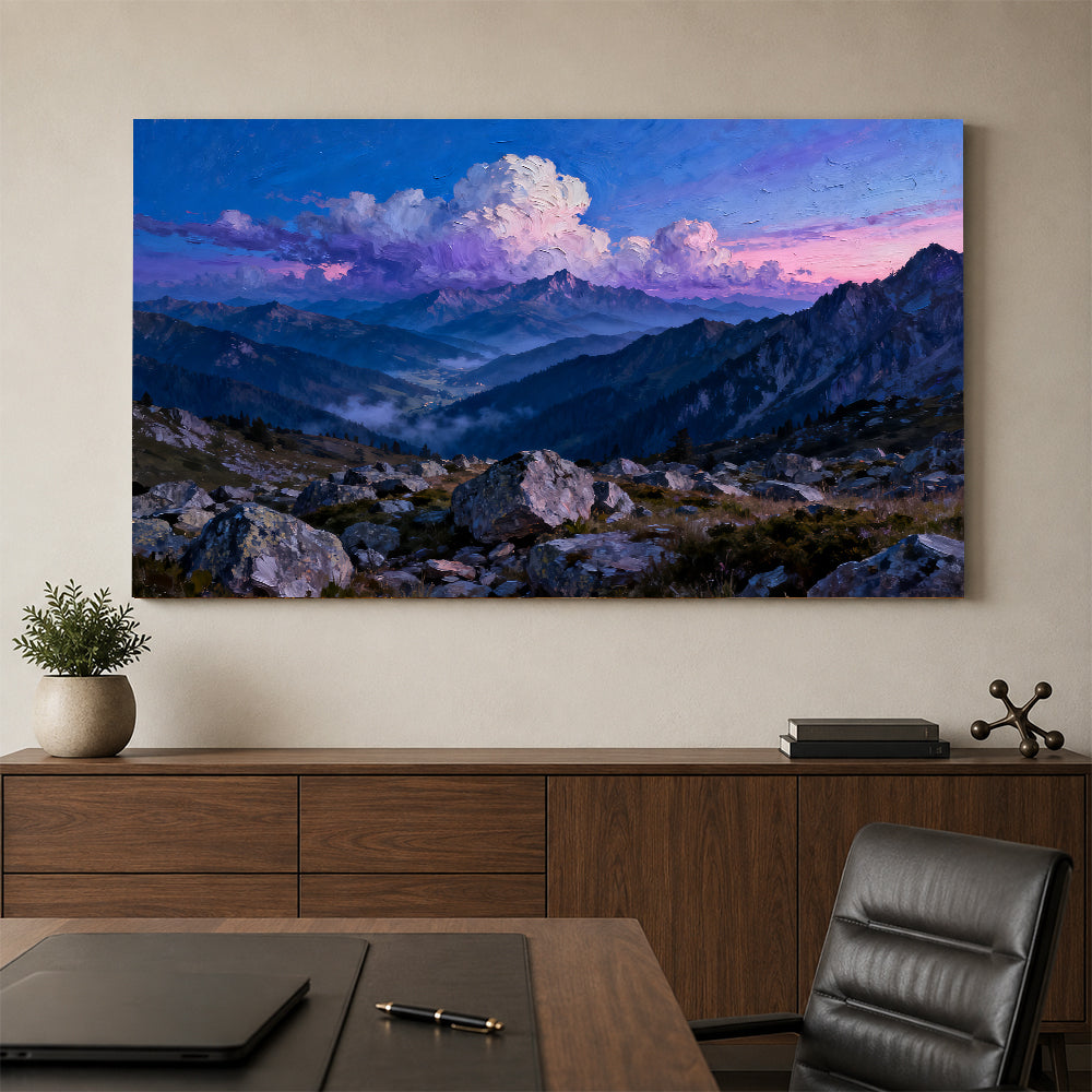 Clouds over Blue Peaks canvas wall art, office mockup above a desk.