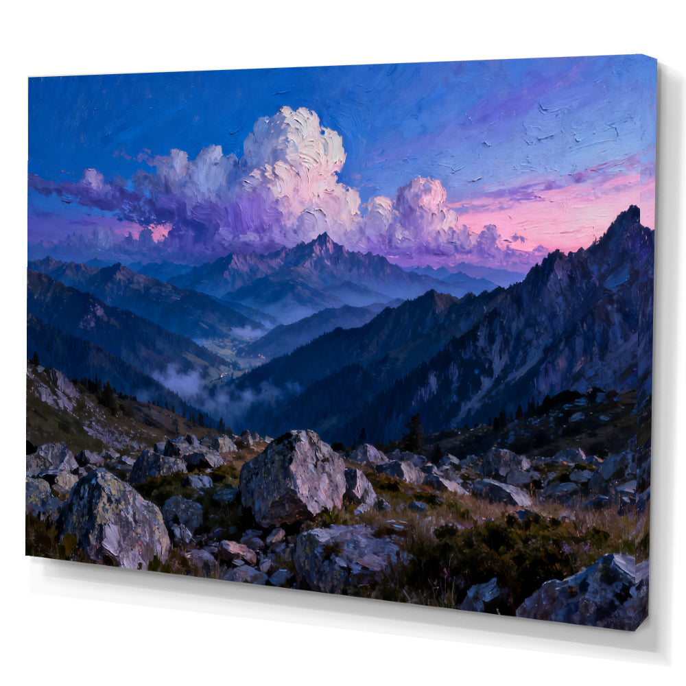 Clouds over Blue Peaks canvas wall art, angled canvas mockup on a white background.