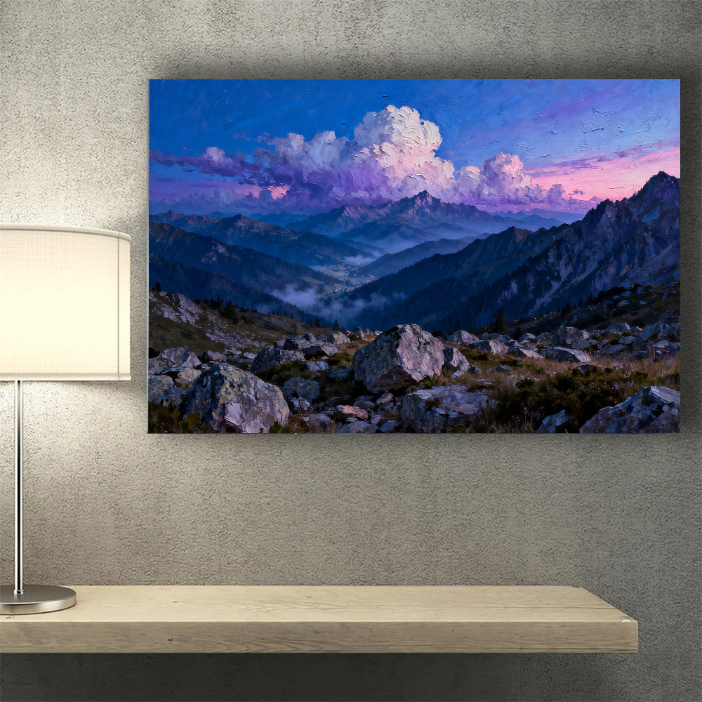 Clouds over Blue Peaks canvas wall art, wall mockup above a console.