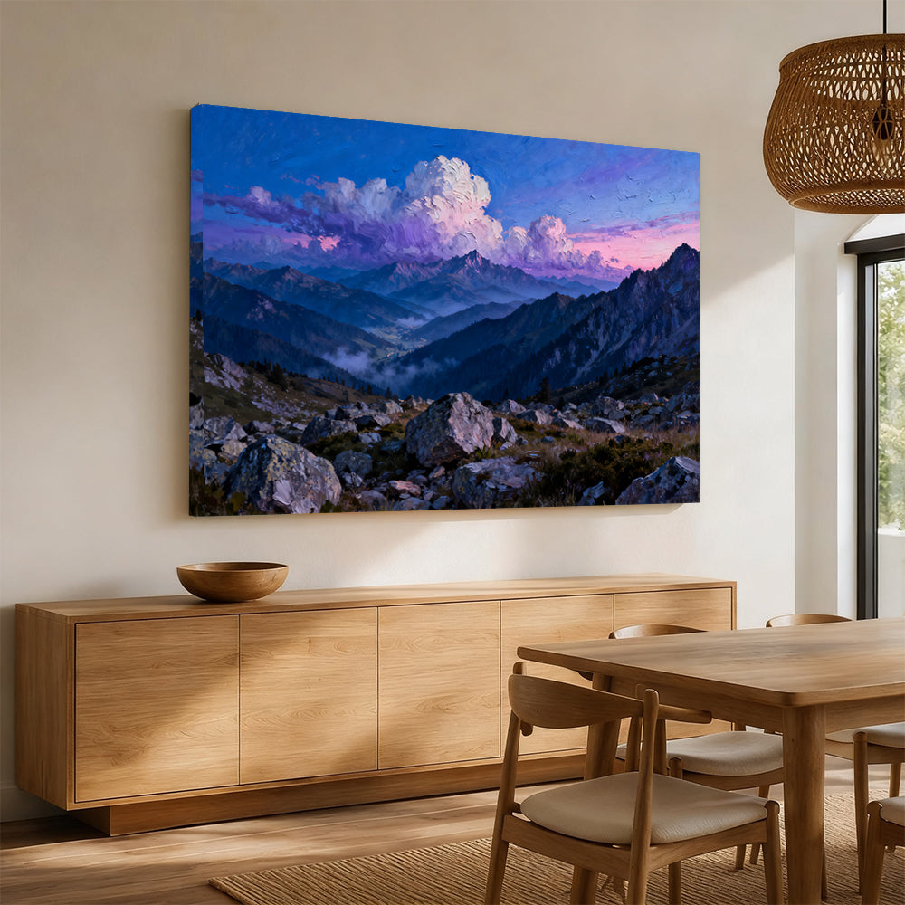 Clouds over Blue Peaks canvas wall art, angled mockup above a sideboard.