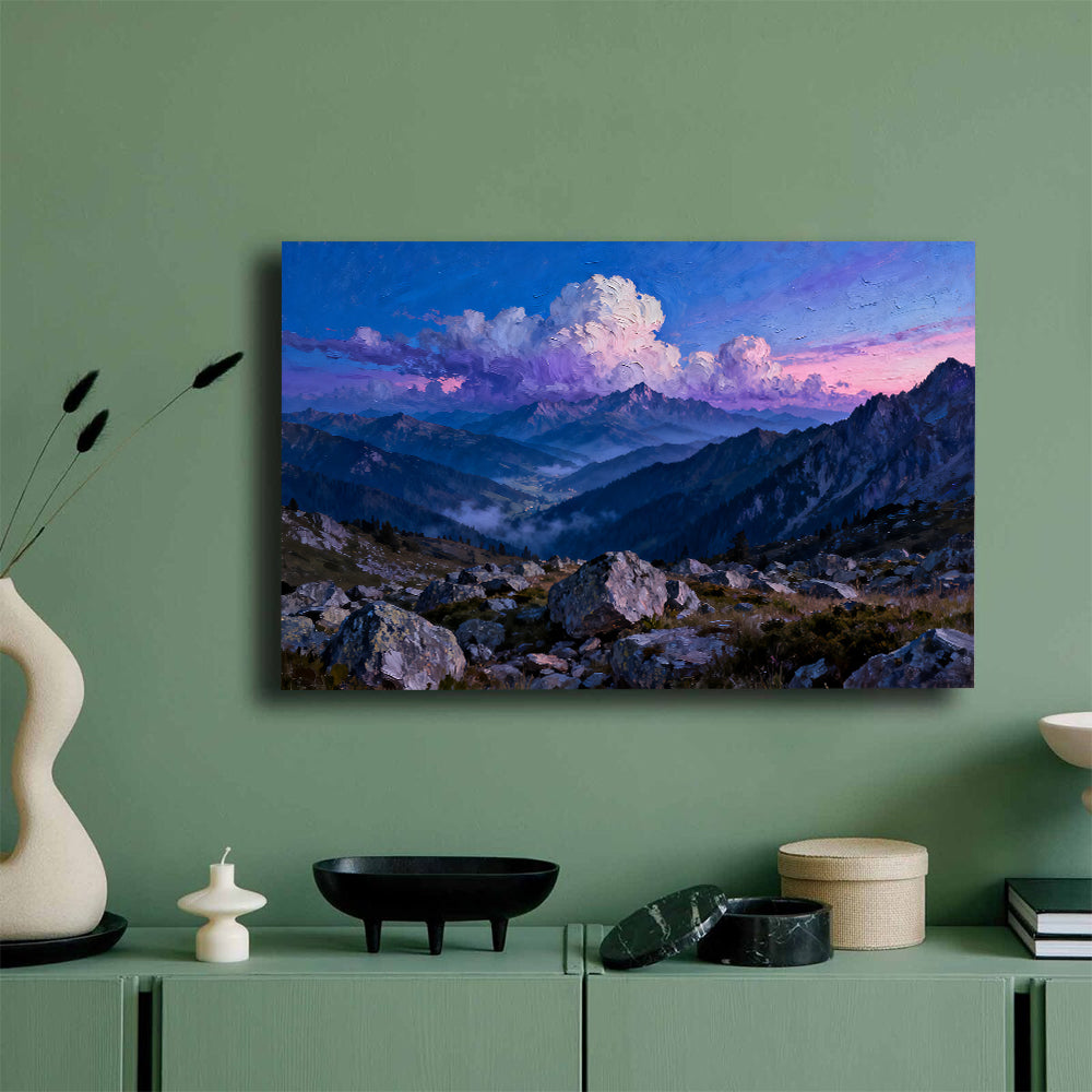 Clouds over Blue Peaks canvas wall art, mockup on a green wall.
