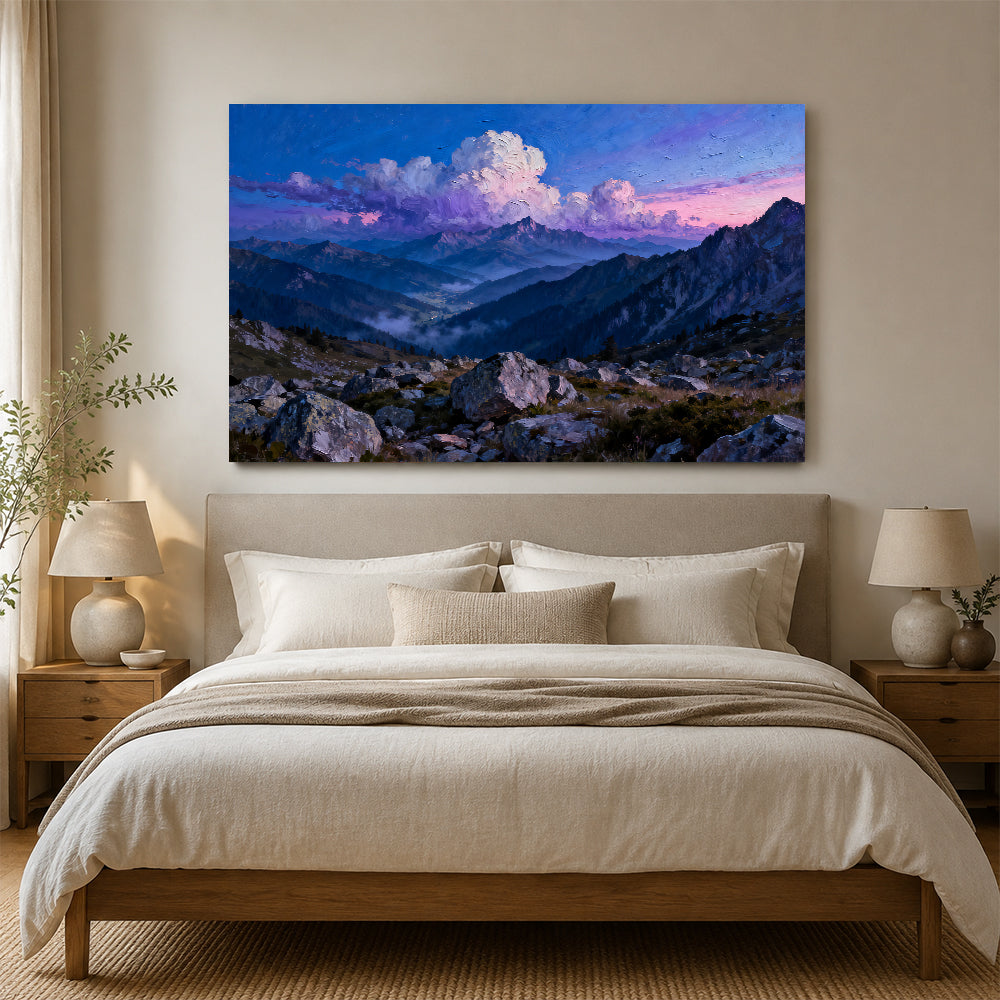 Clouds over Blue Peaks canvas wall art, bedroom mockup above a bed.