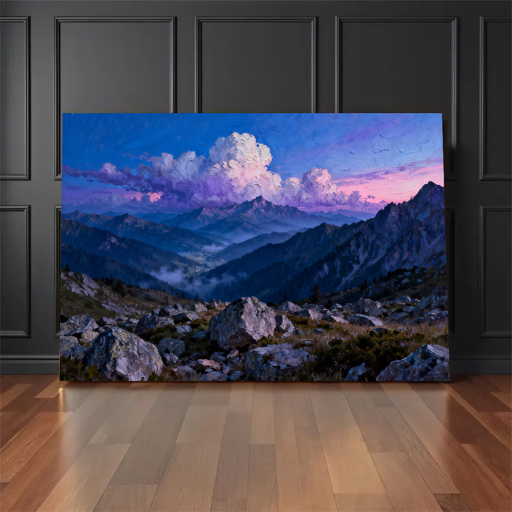 Clouds over Blue Peaks canvas wall art, floor display against a dark wall.