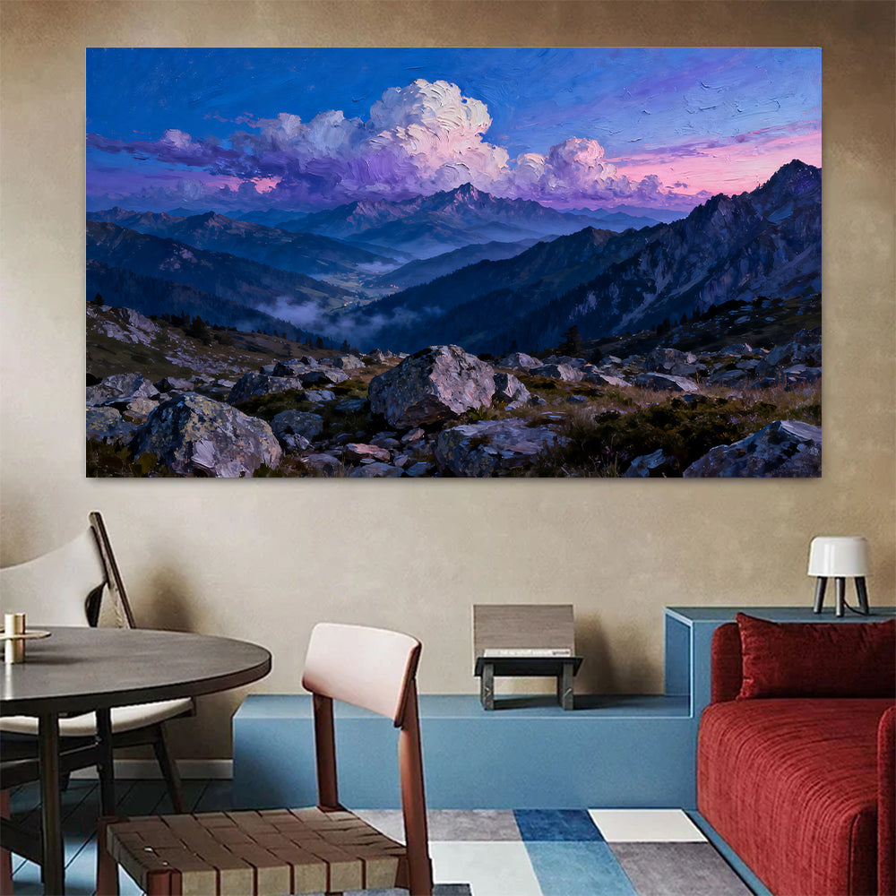 Clouds over Blue Peaks canvas wall art, colorful room mockup.