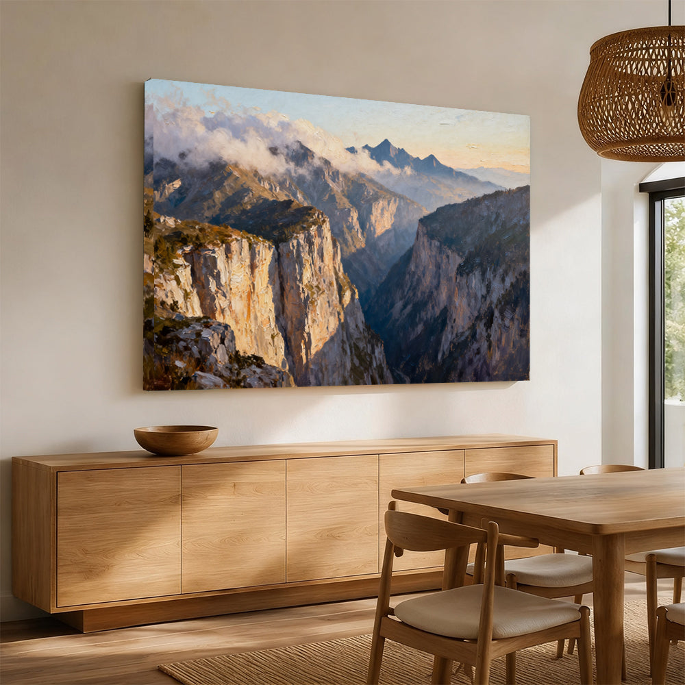 Sunlit Granite Canyon canvas wall art, angled mockup above a sideboard.