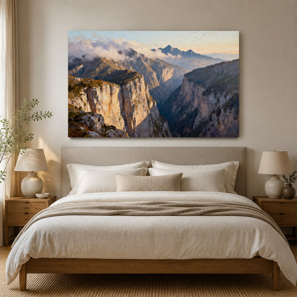 Sunlit Granite Canyon canvas wall art, bedroom mockup above a bed.