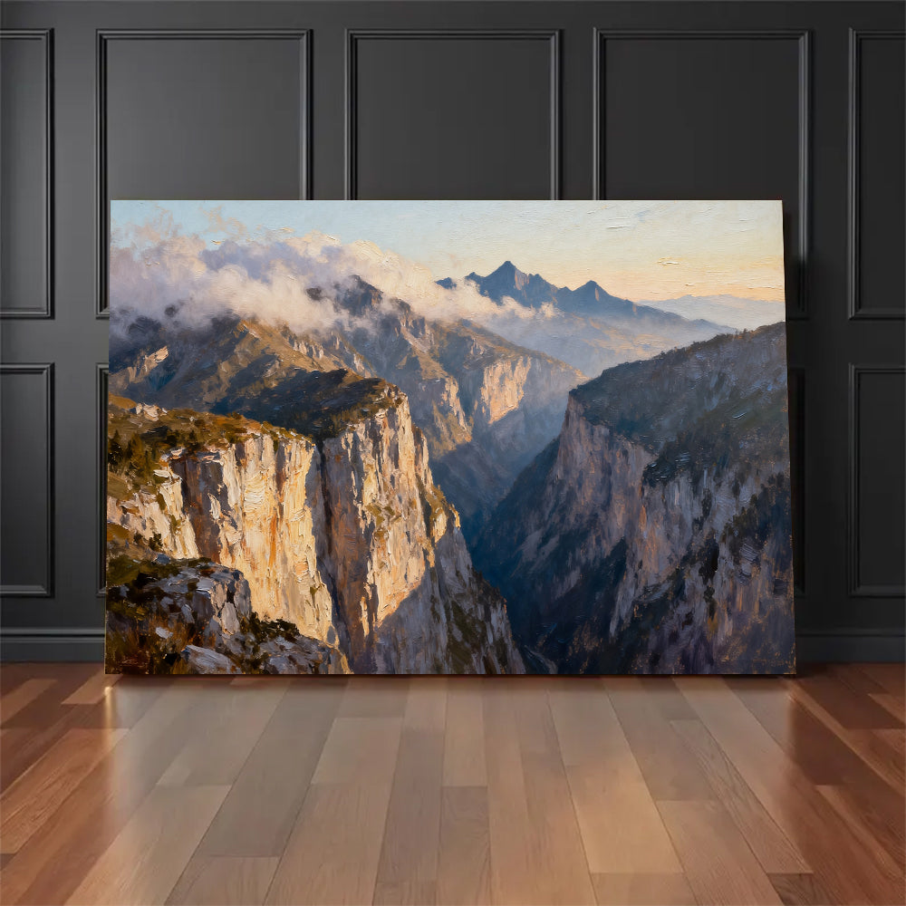Sunlit Granite Canyon canvas wall art, floor display against a dark wall.