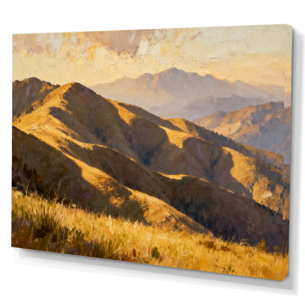 Golden Rolling Mountains canvas wall art, angled canvas mockup on a white background.