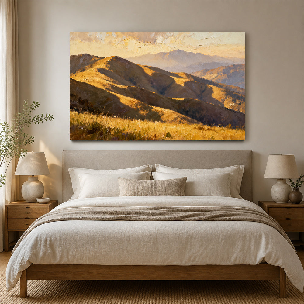 Golden Rolling Mountains canvas wall art, bedroom mockup above a bed.