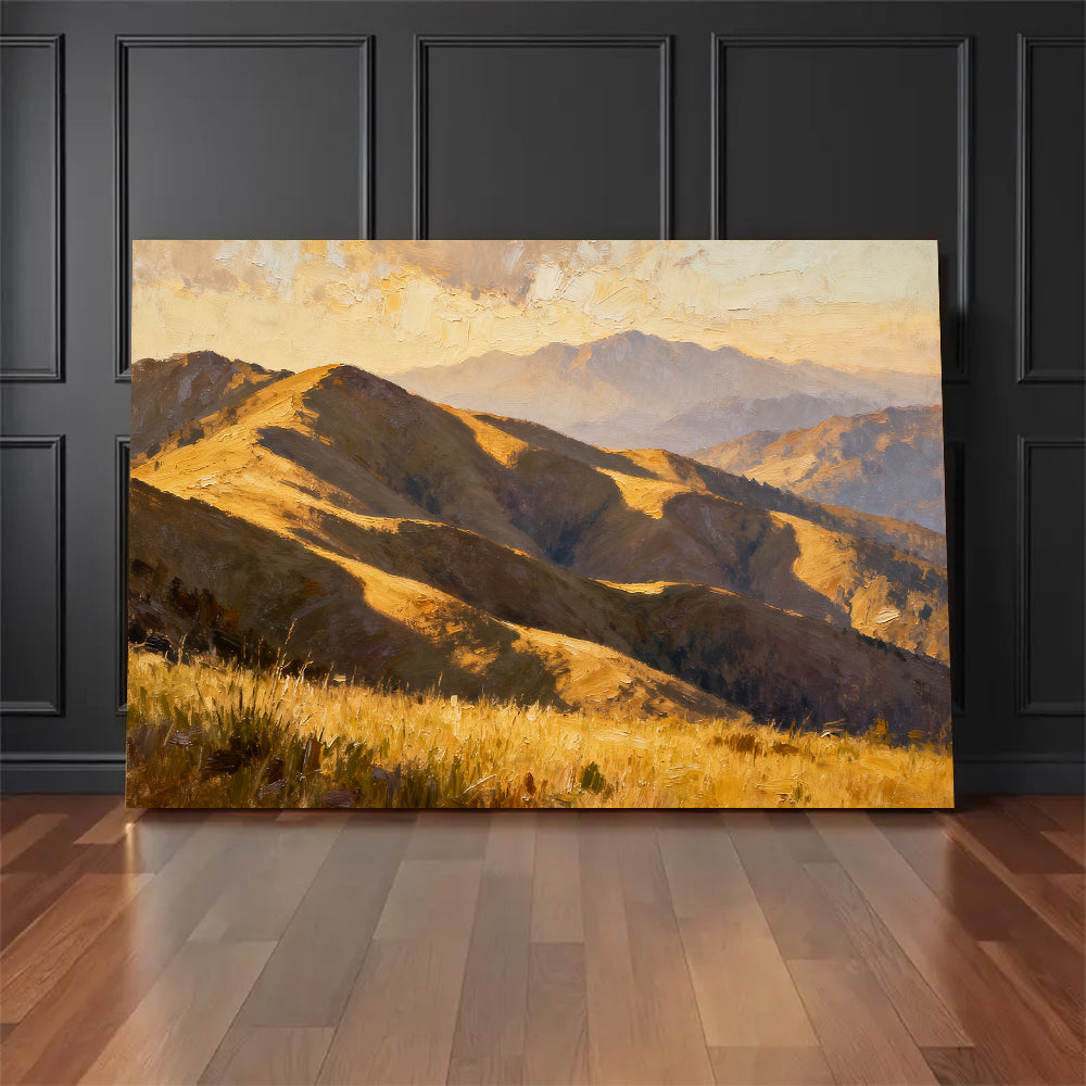 Golden Rolling Mountains canvas wall art, floor display against a dark wall.