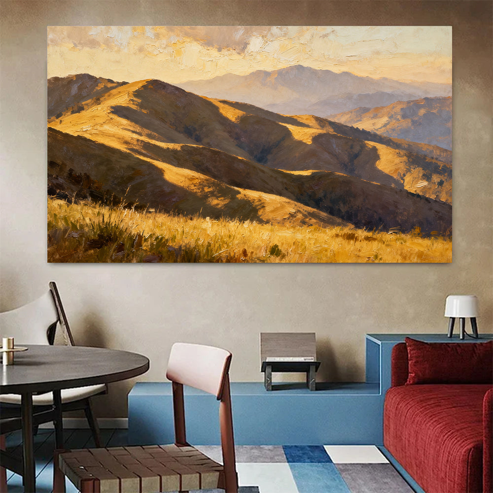 Golden Rolling Mountains canvas wall art, colorful room mockup.