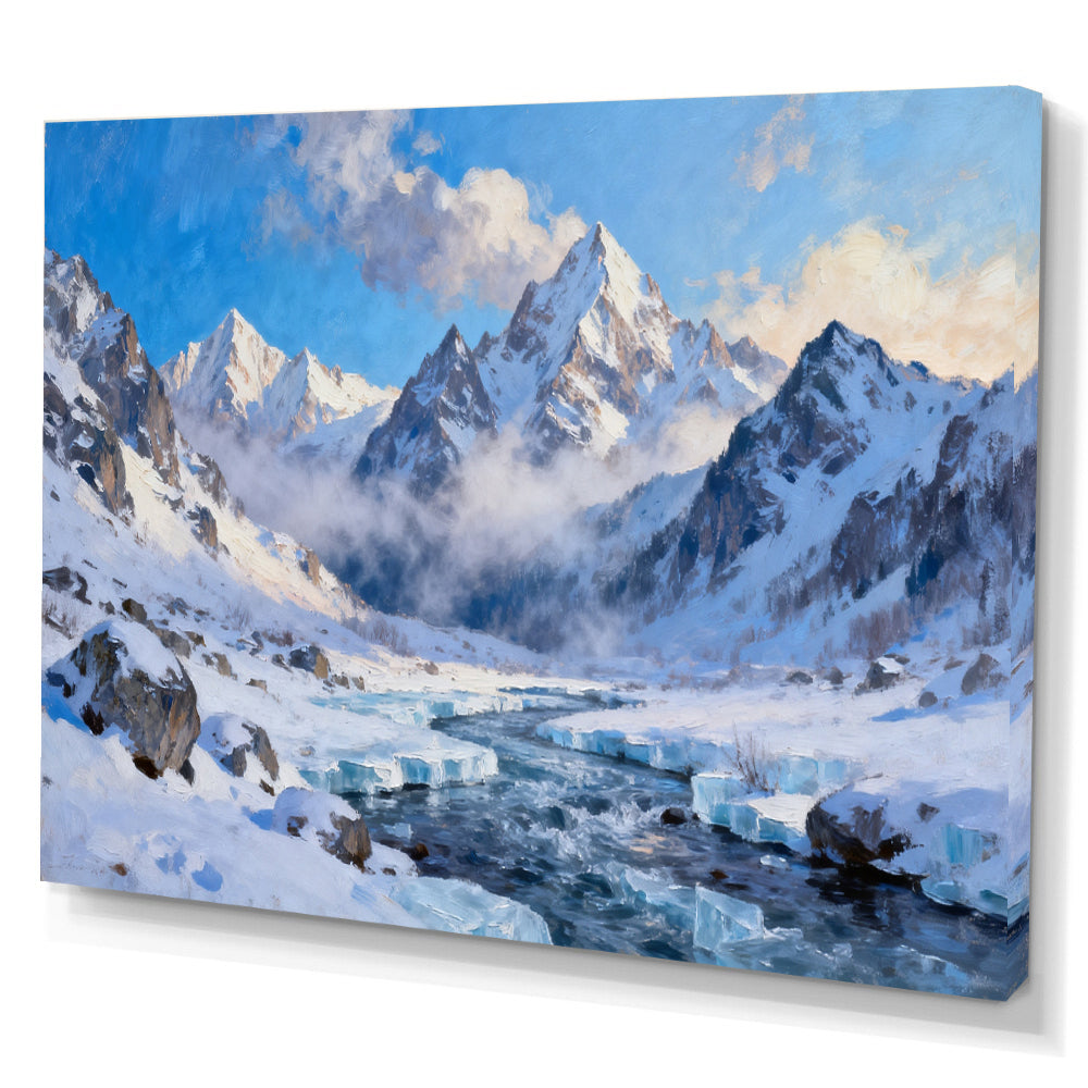 Glacial Stream Peaks canvas wall art, angled canvas mockup on a white background.