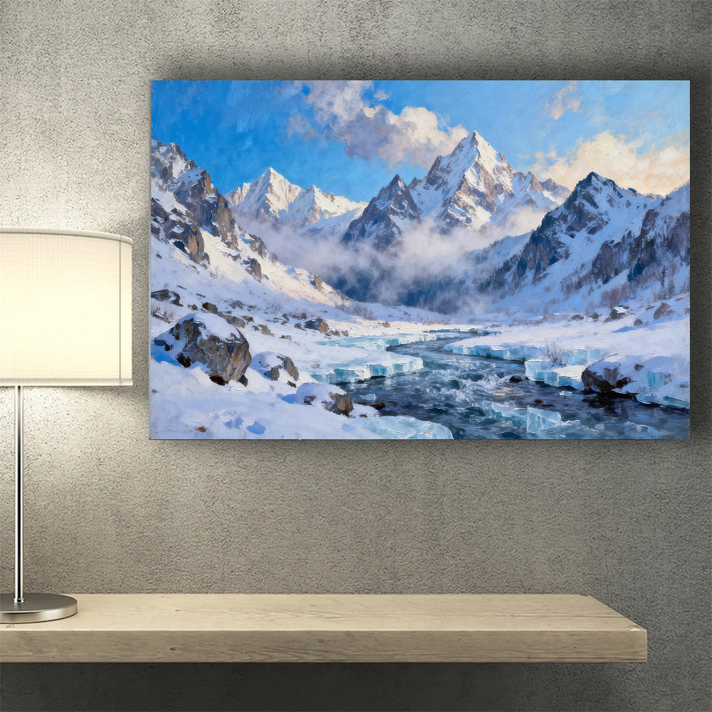 Glacial Stream Peaks canvas wall art, wall mockup above a console.