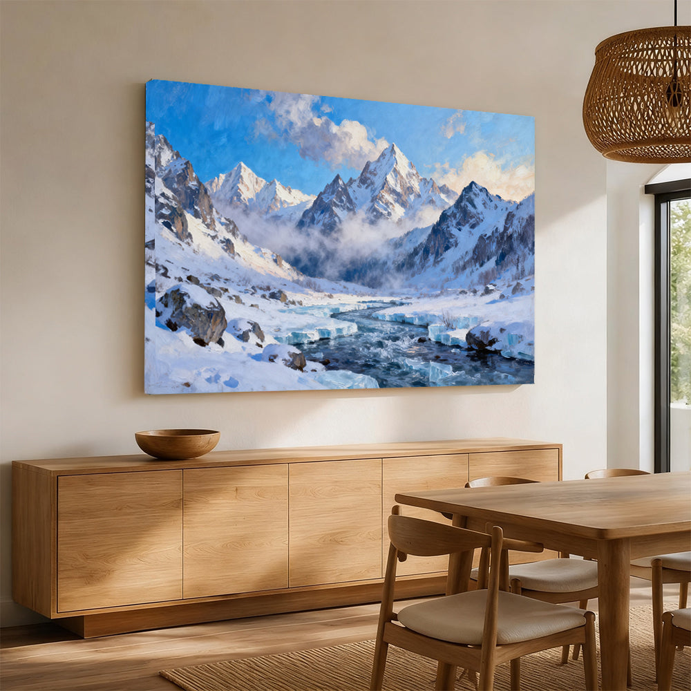 Glacial Stream Peaks canvas wall art, angled mockup above a sideboard.