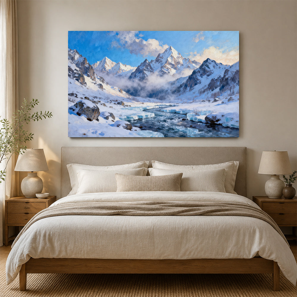 Glacial Stream Peaks canvas wall art, bedroom mockup above a bed.