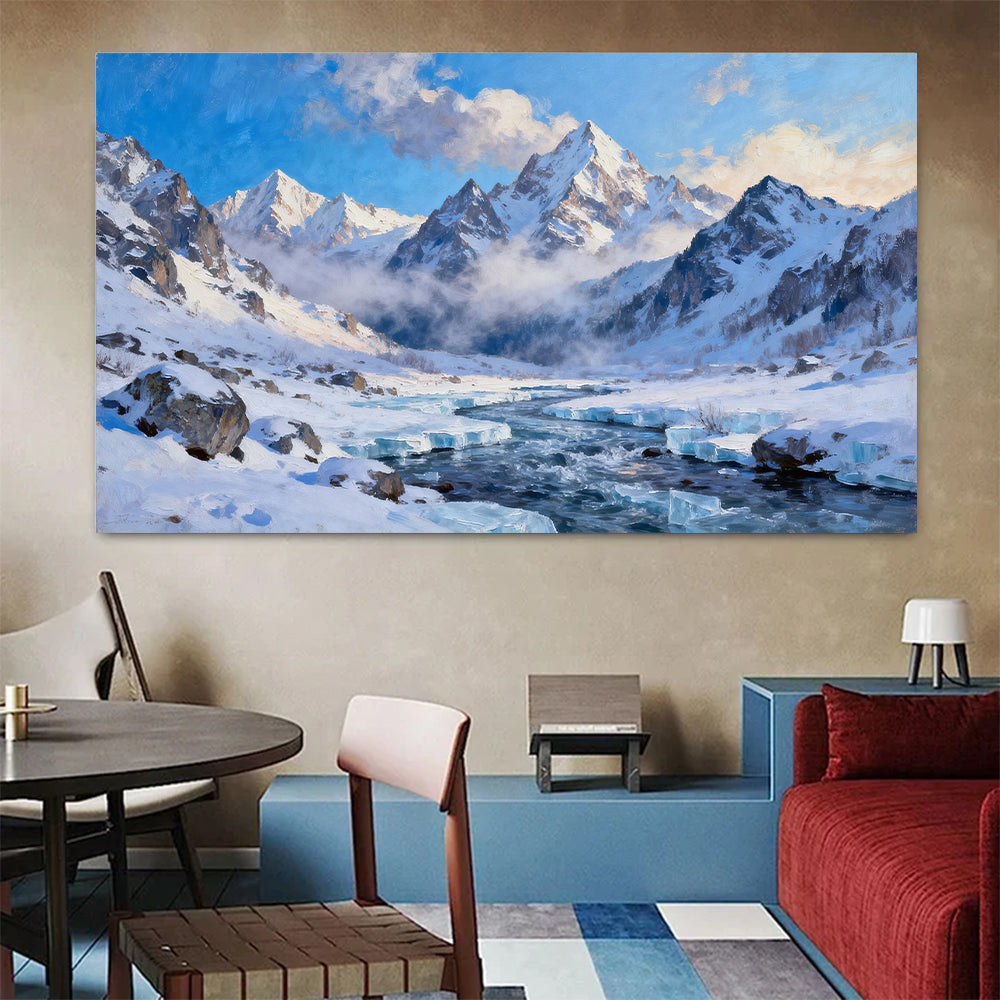 Glacial Stream Peaks canvas wall art, colorful room mockup.