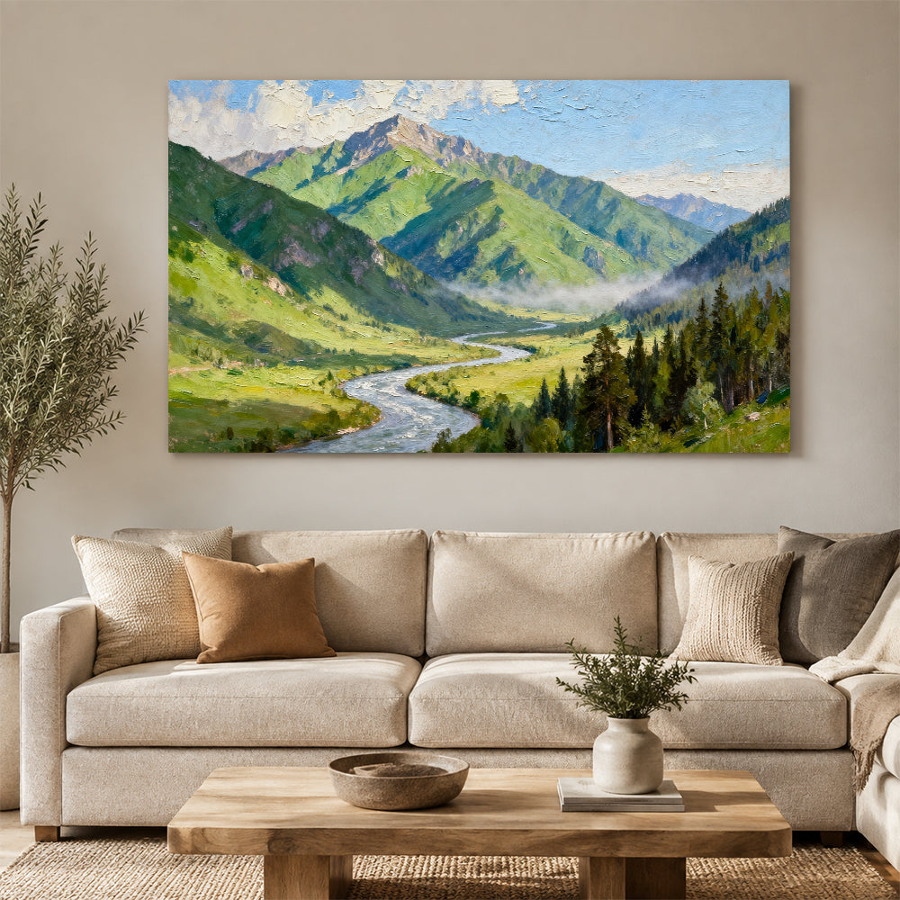 Green Alpine River canvas wall art, living room mockup above a sofa.